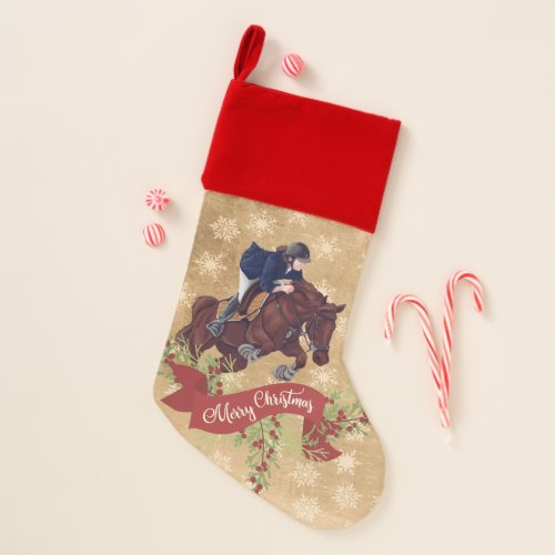 Girl and Horse Jumping Merry Christmas Golden Christmas Stocking