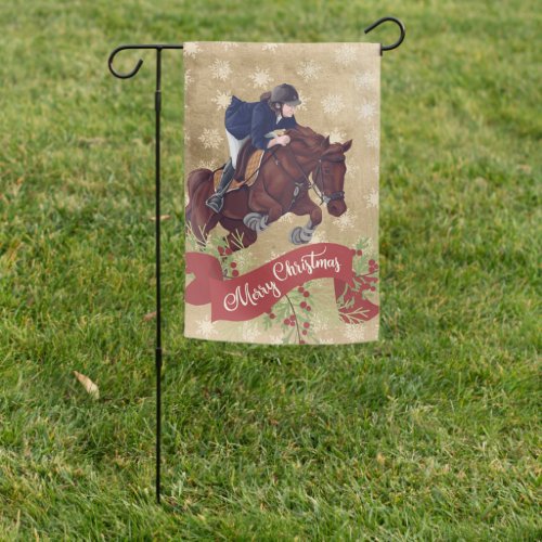 Girl and Horse Jumping Merry Christmas Golden Garden Flag