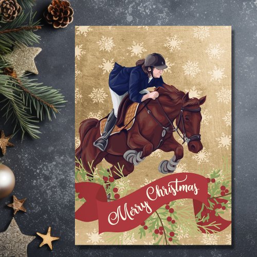 Girl and Horse Jumping Merry Christmas Golden Holiday Card