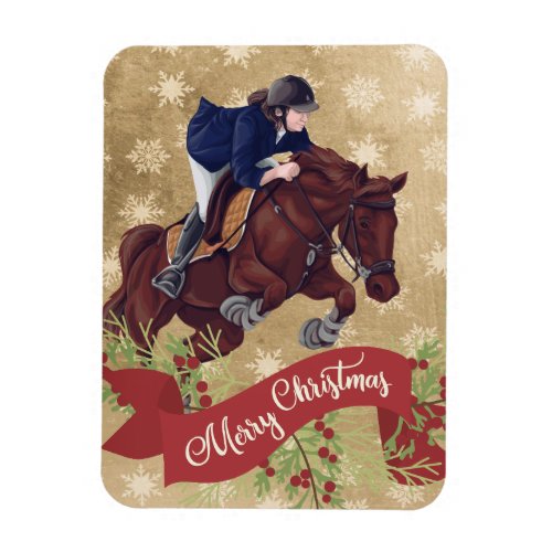 Girl and Horse Jumping Merry Christmas Golden Magnet