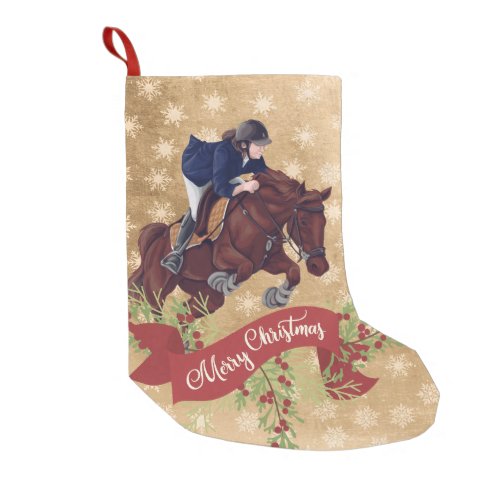 Girl and Horse Jumping Merry Christmas Golden Small Christmas Stocking