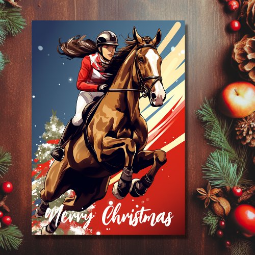 Girl and Horse Jumping Merry Christmas Holiday Card
