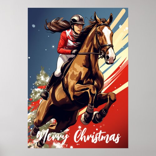 Girl and Horse Jumping Merry Christmas Holiday Poster