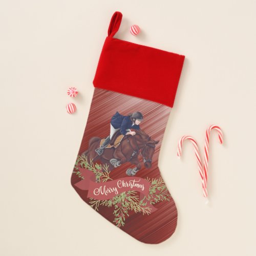 Girl and Horse Jumping Merry Christmas on Red Christmas Stocking