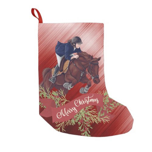 Girl and Horse Jumping Merry Christmas on Red Small Christmas Stocking