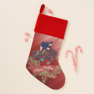 Girl and Horse Jumping Merry Christmas on Red Stocking