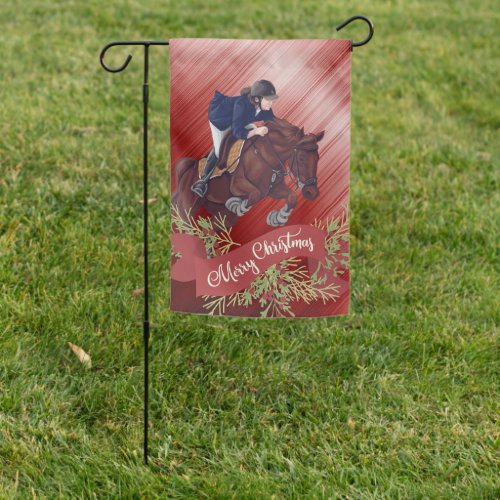 Girl and Horse Jumping Merry Christmas Red Garden Flag