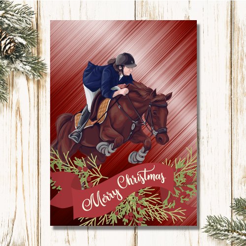 Girl and Horse Jumping Merry Christmas Red  Holiday Card