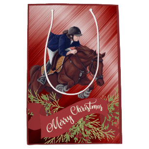 Girl and Horse Jumping Merry Christmas Red Medium Gift Bag