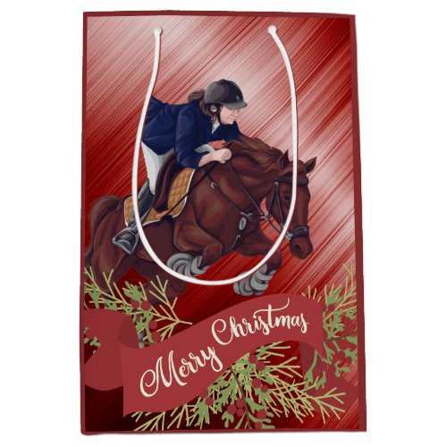 Girl and Horse Jumping Merry Christmas Red Medium Gift Bag