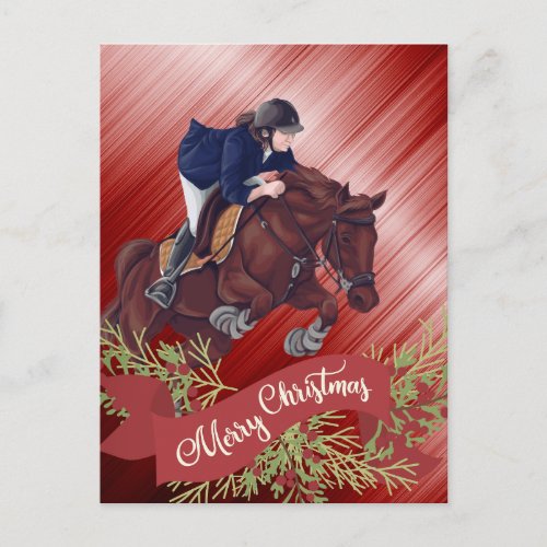 Girl and Horse Jumping Merry Christmas Red  Postcard