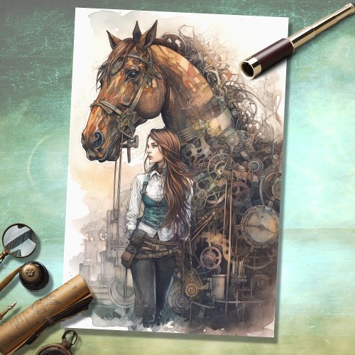 Girl and Horse Steampunk 2 Decoupage Paper
