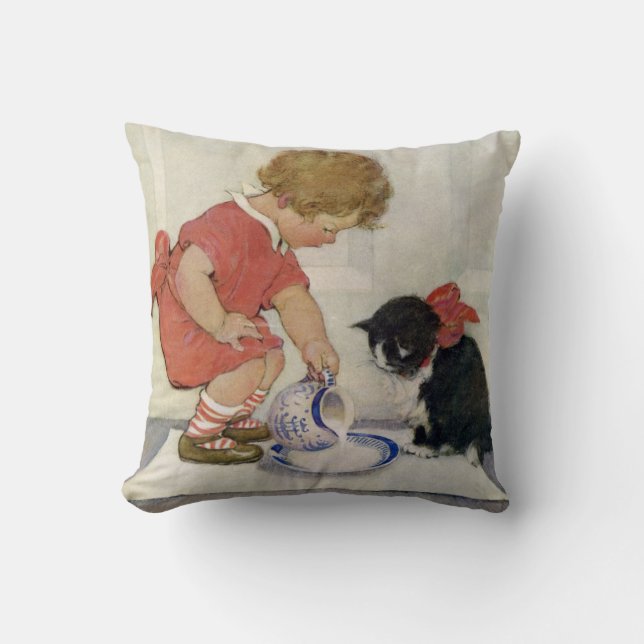 Girl and Kitten, Jessie Willcox Smith Throw Pillow (Front)