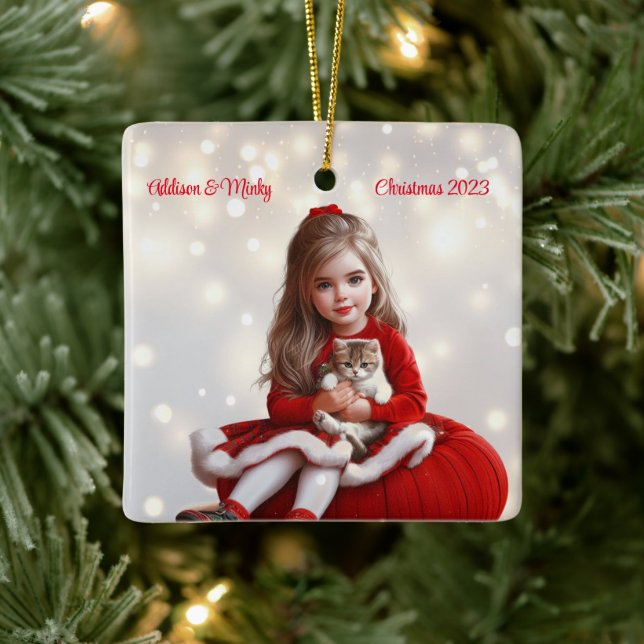 Girl and Kitty Personalized Christmas Ceramic Ornament (Tree)