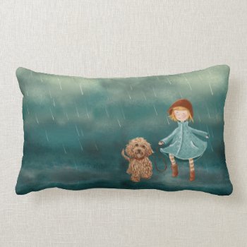 Girl And Labradoodle Dog In The Rain Lumbar Pillow by LabradoodleLove at Zazzle