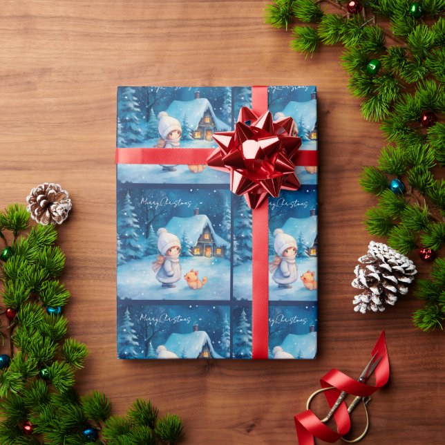 Girl and little fox at Christmas Wrapping Paper (Holiday Gift)