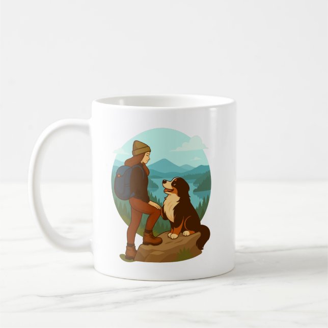 Girl and Mountain Dog Adventure Illustration Coffee Mug (Left)