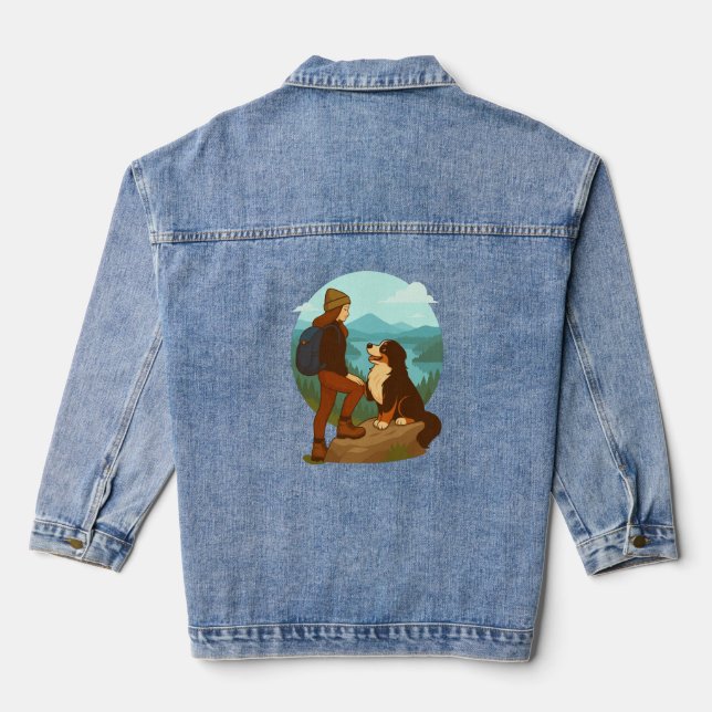 Girl and Mountain Dog Adventure Illustration Denim Jacket (Back)