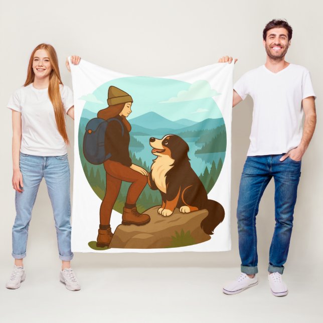 Girl and Mountain Dog Adventure Illustration Fleece Blanket (In Situ)