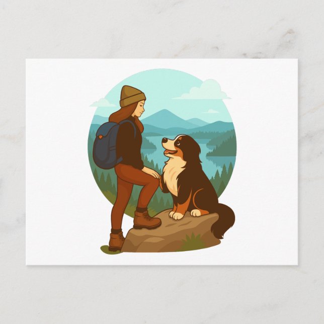Girl and Mountain Dog Adventure Illustration Postcard (Front)
