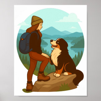 Girl and Mountain Dog Adventure Illustration Poster