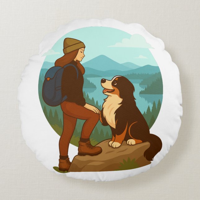 Girl and Mountain Dog Adventure Illustration Round Pillow (Front)