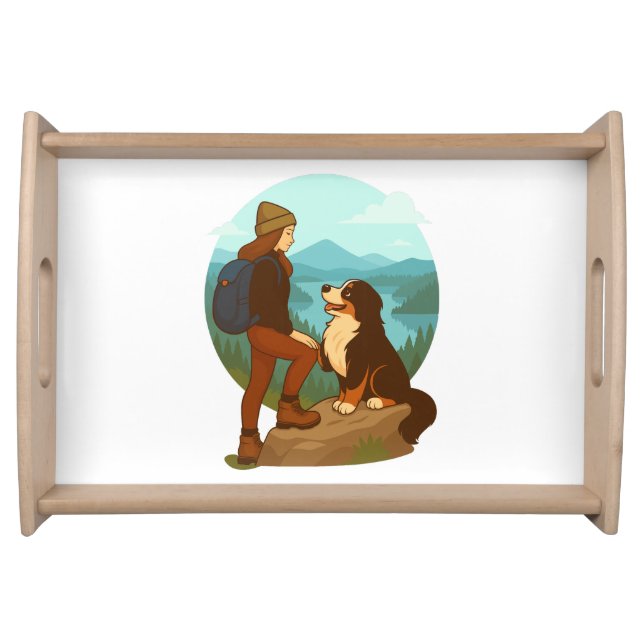Girl and Mountain Dog Adventure Illustration Serving Tray (Front)