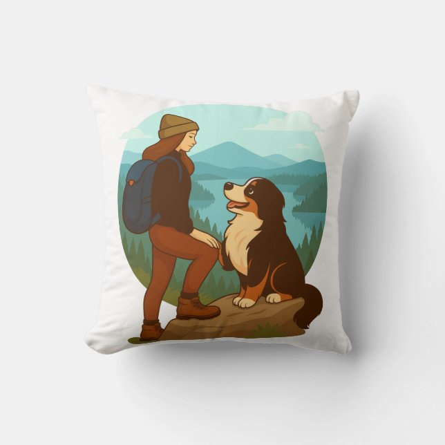 Girl and Mountain Dog Adventure Illustration Throw Pillow (Front)