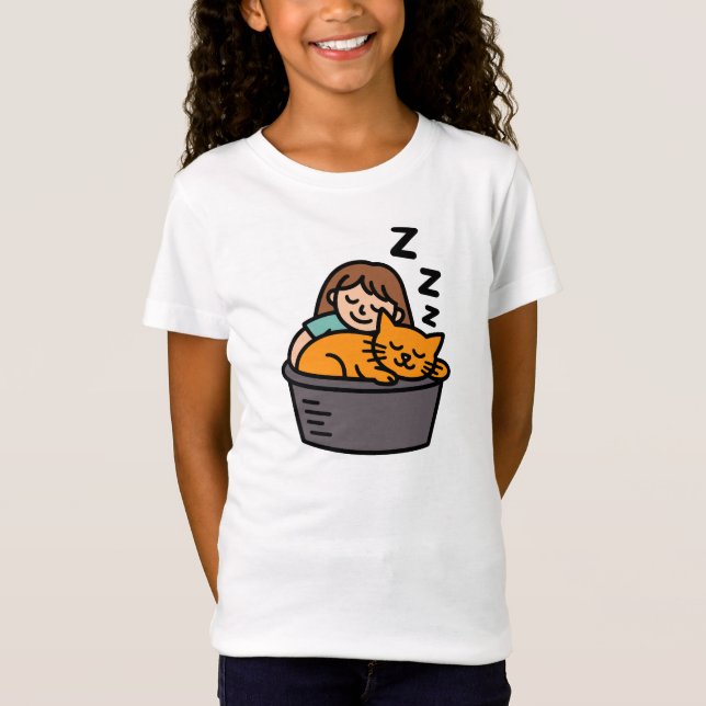 Girl and Orange Cat Sleeping in Bucket T-Shirt (Front)