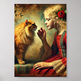 Girl and Orange Tabby Cat Wall Art, Antique Poster