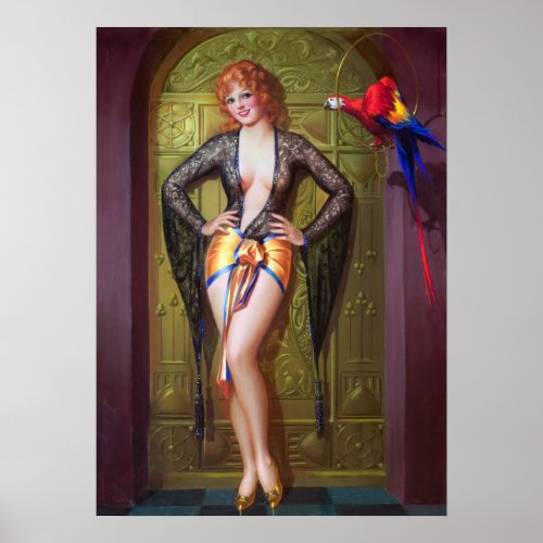Girl and Parrot Pin Up Poster