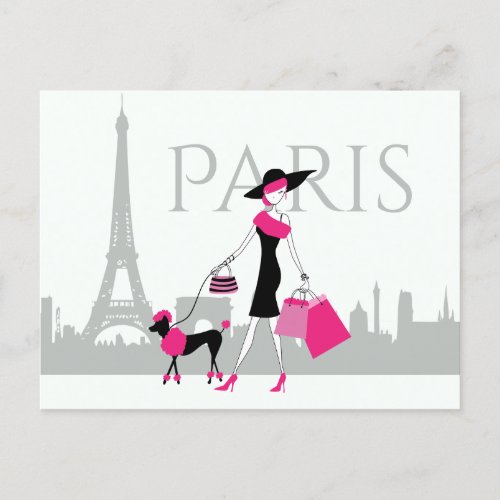 Girl and Poodle in Paris With Eiffel Tower Postcard
