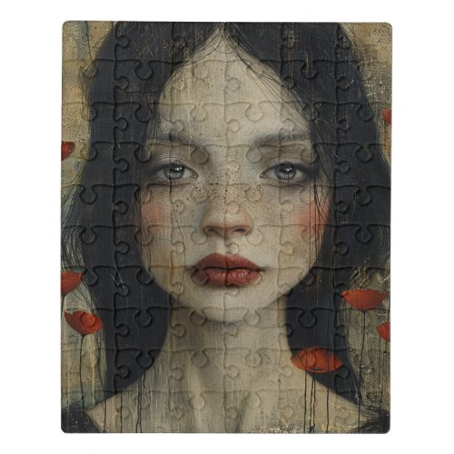 Girl and Poppies Rustic Grunge Jigsaw Puzzle