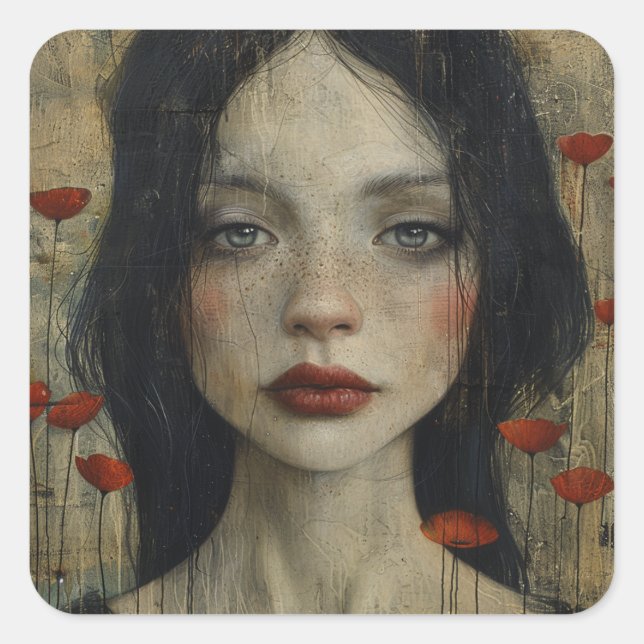 Girl and Poppies Rustic Grunge Square Sticker (Front)