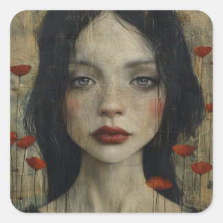 Girl and Poppies Rustic Grunge Square Sticker