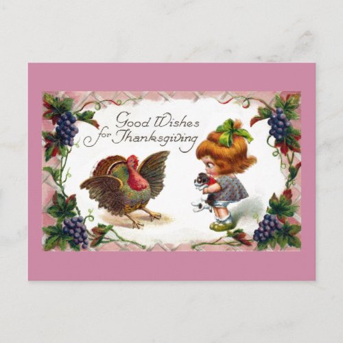 Girl and Puppy Greet Turkey Vintage Thanksgiving Holiday Postcard