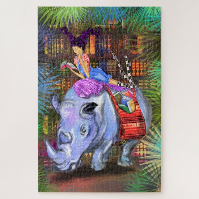 Girl and Rhino - Library In the Jungle - Fantasy Jigsaw Puzzle (Vertical)