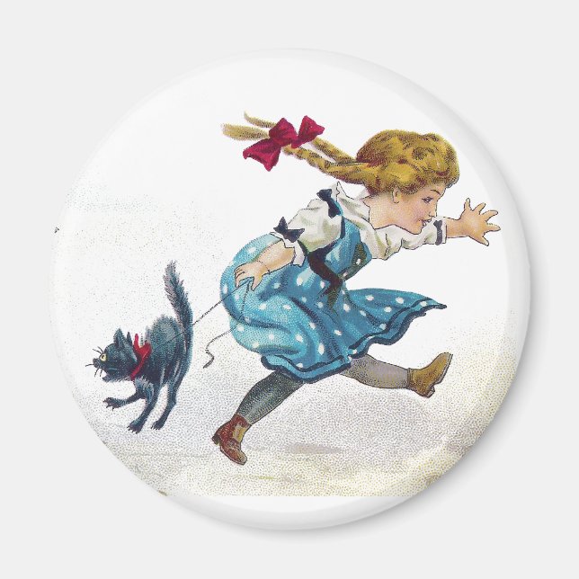 Girl and Scared Cat Run From Jack O'Lantern Magnet (Front)