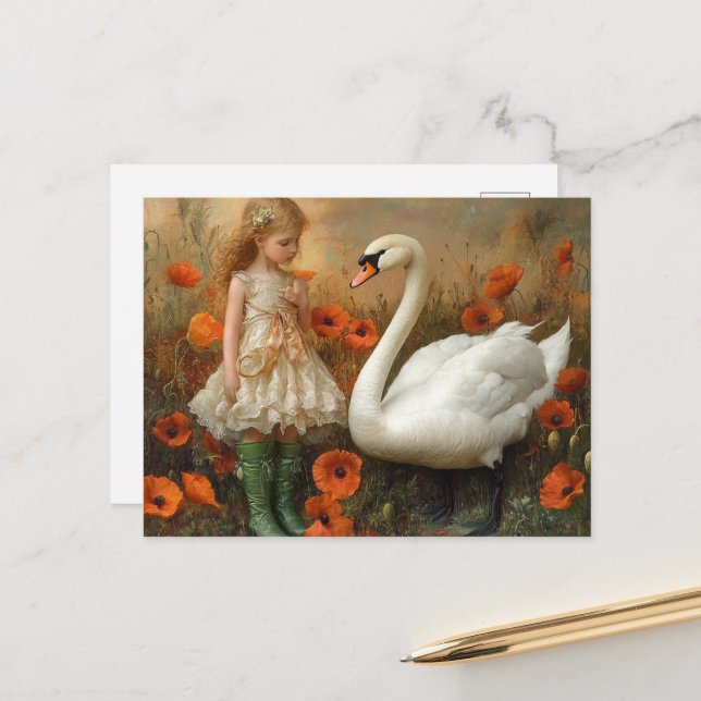 Girl and Swan in the Poppies Postcard (Front/Back In Situ)