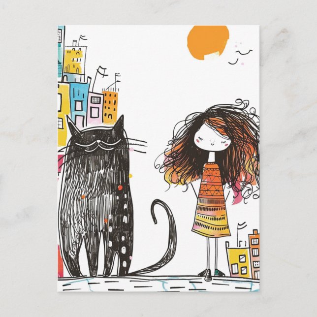 Girl and the Giant Black Cat in the City Postcard (Front)