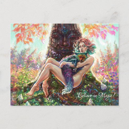 Girl and the magicfox fantasy magical forest art postcard
