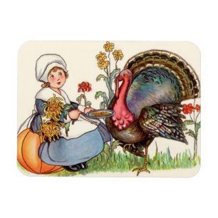 girl and turkey, vintage thanksgiving magnet