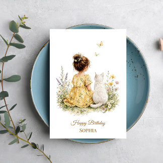 Girl and White Cat Card
