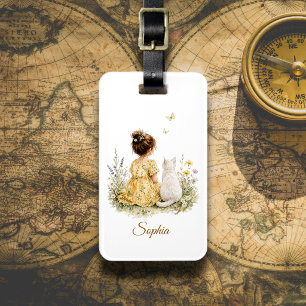 Girl and White Cat Luggage Tag