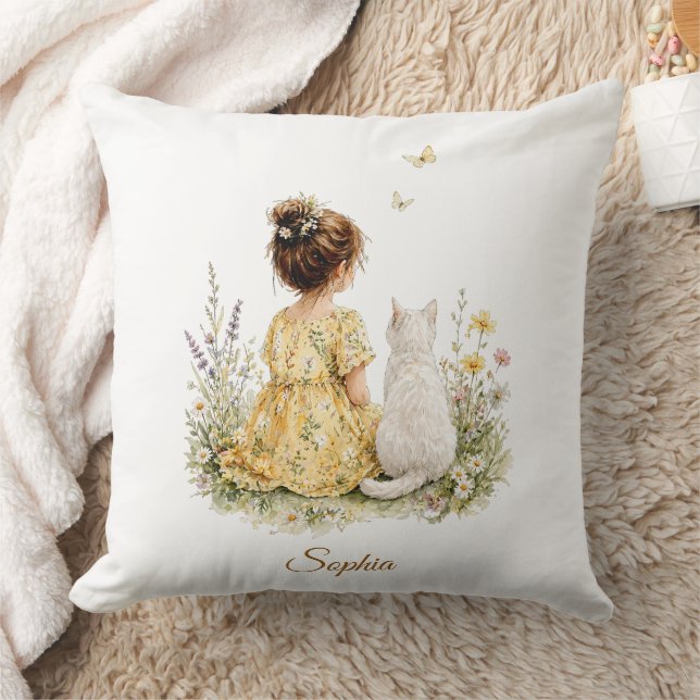 Girl and White Cat Throw Pillow (Blanket)