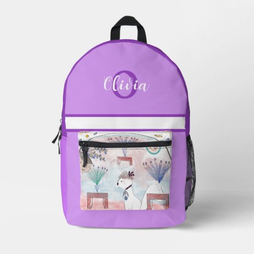 Girl and White Cat Wearing Straw Hat on Purple Printed Backpack