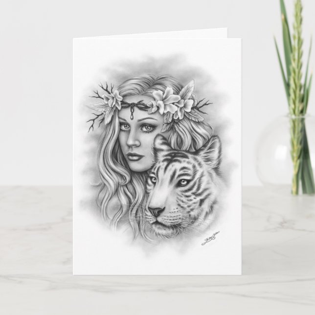 Girl and White Tiger Strength Greeting Card (Front)
