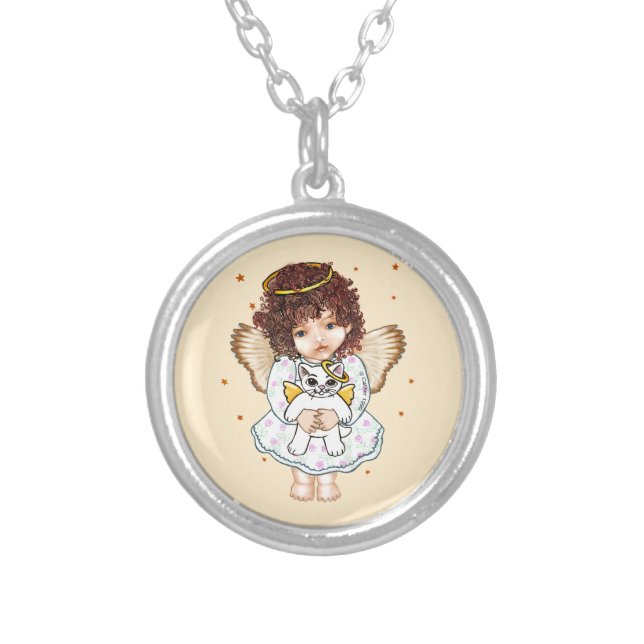 Girl Angel and Cat Silver Plated Necklace (Front)