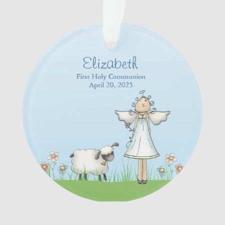 Girl Angel And Lamb, Blue, First Communion Ornament