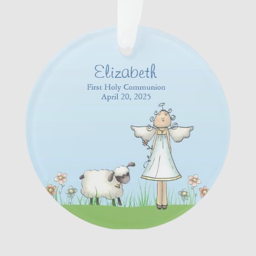 Girl Angel and Lamb Blue First Communion Ornament